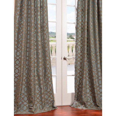 Filigree Blue Flocked Faux Silk Curtain