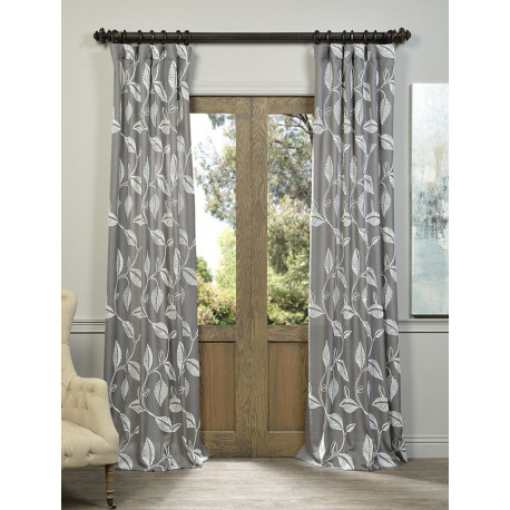 Willow Grey Embroidered Crewel Faux Linen Curtain